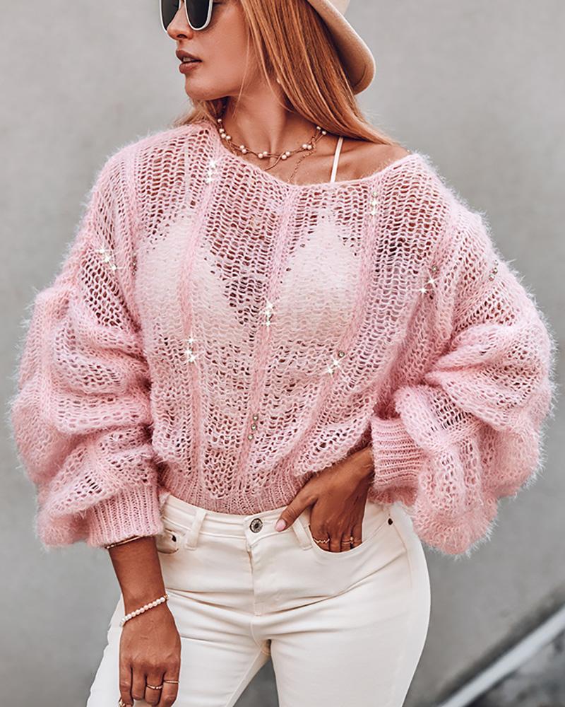 

Hollow Out Ruched Lantern Sleeve Sweater, Pink
