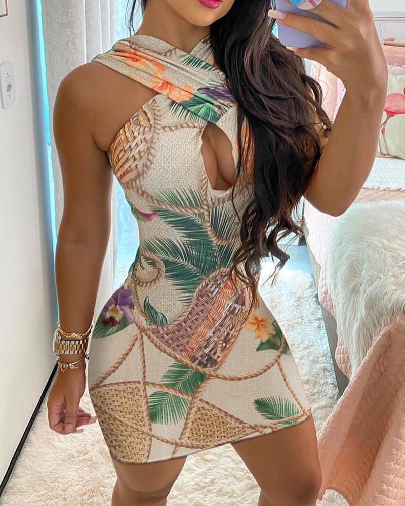 

Halter Cutout Front Floral Print Bodycon Dress, Multicolor
