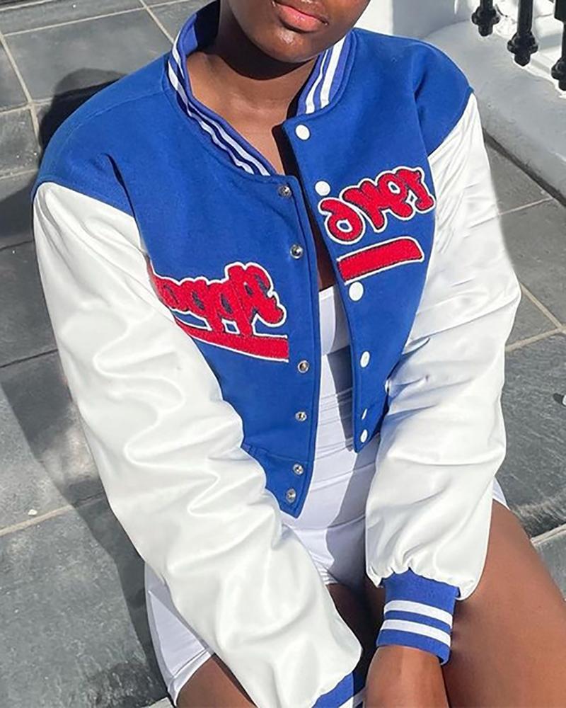 

Button Front Letter Pattern Colorblock Baseball Coat, Blue