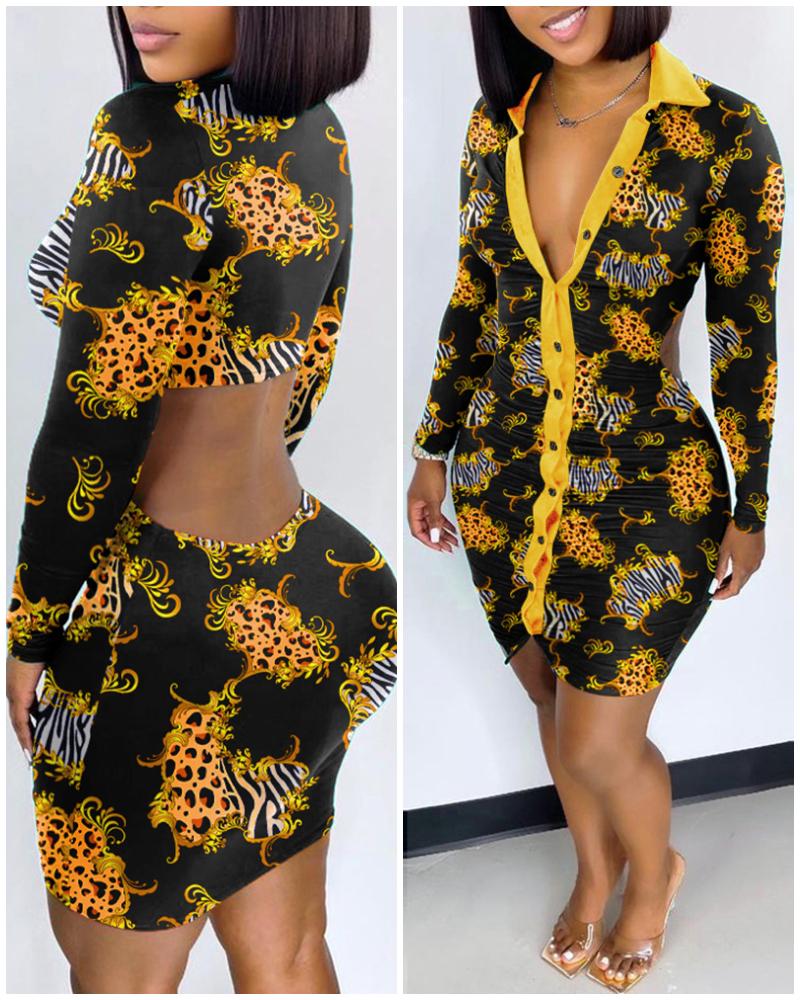 

Cutout Backless Cheetah Baroque Print Shirt Dress, Black