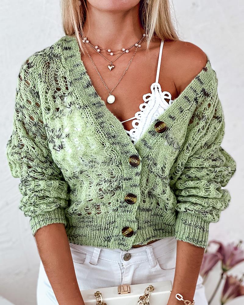 

Button Design Hollow Out Cardigan, Green