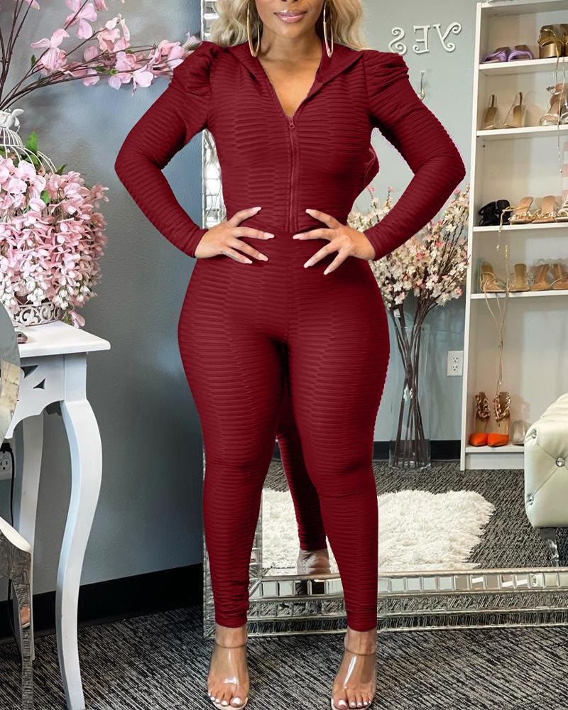 

Textured Puff Sleeve Hooded Zip Up Top & Pants Set, Red