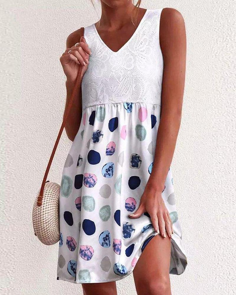 

Allover Print Contrast Lace Casual Tank Dress, White