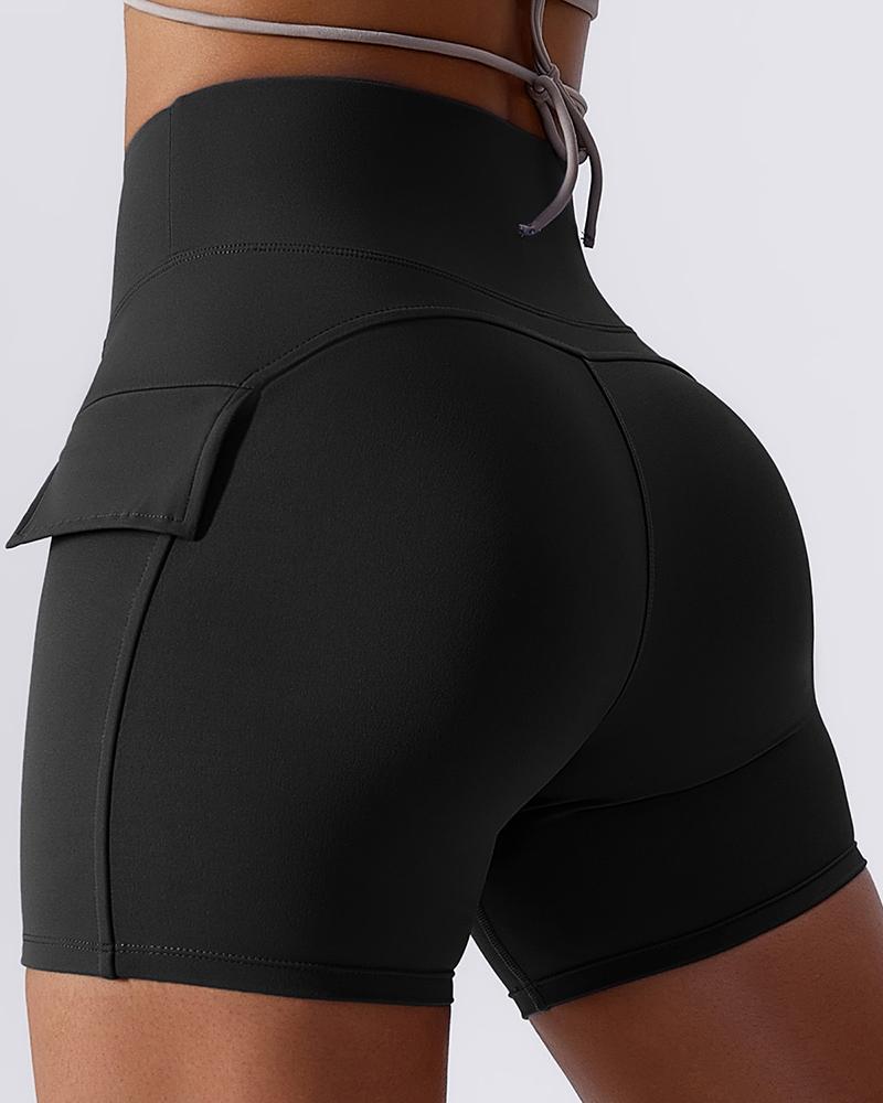 

High Waist Side Pocket Quick Dry Active Shorts, Black