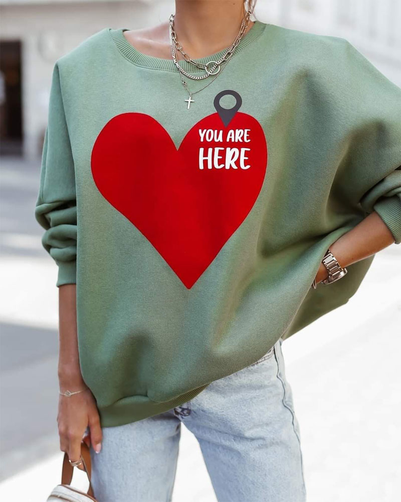 

Letter Heart Print Long Sleeve Sweatshirt, Green