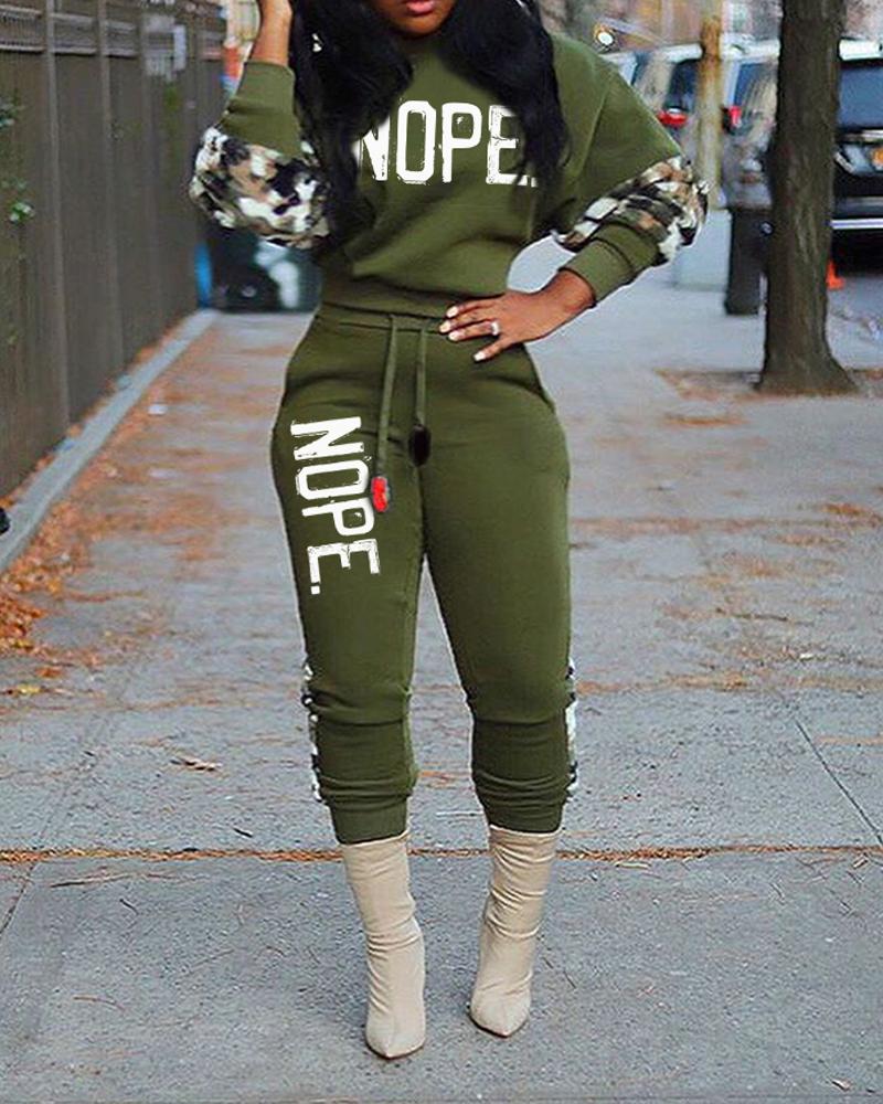 

Nope Camo Print Long Sleeve Casual Top & Pants Set, Green