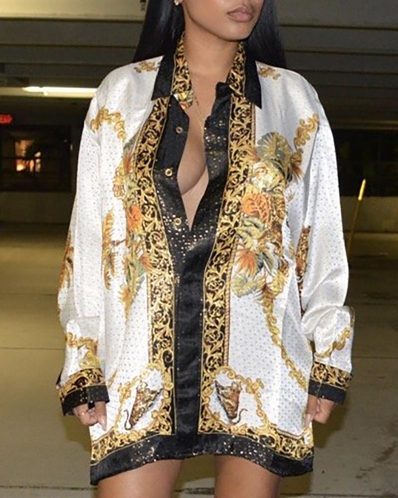 

Long Sleeve Scarf Graphic Print Button Design Shirt, Style5