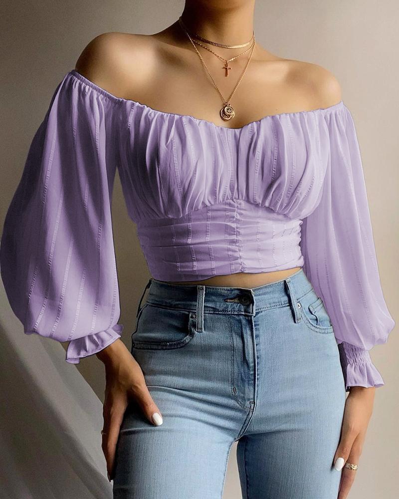 

Off Shoulder Ruched Lantern Sleeve Crop Top Long Sleeve Tee Shirts Skinny Blouse, Purple