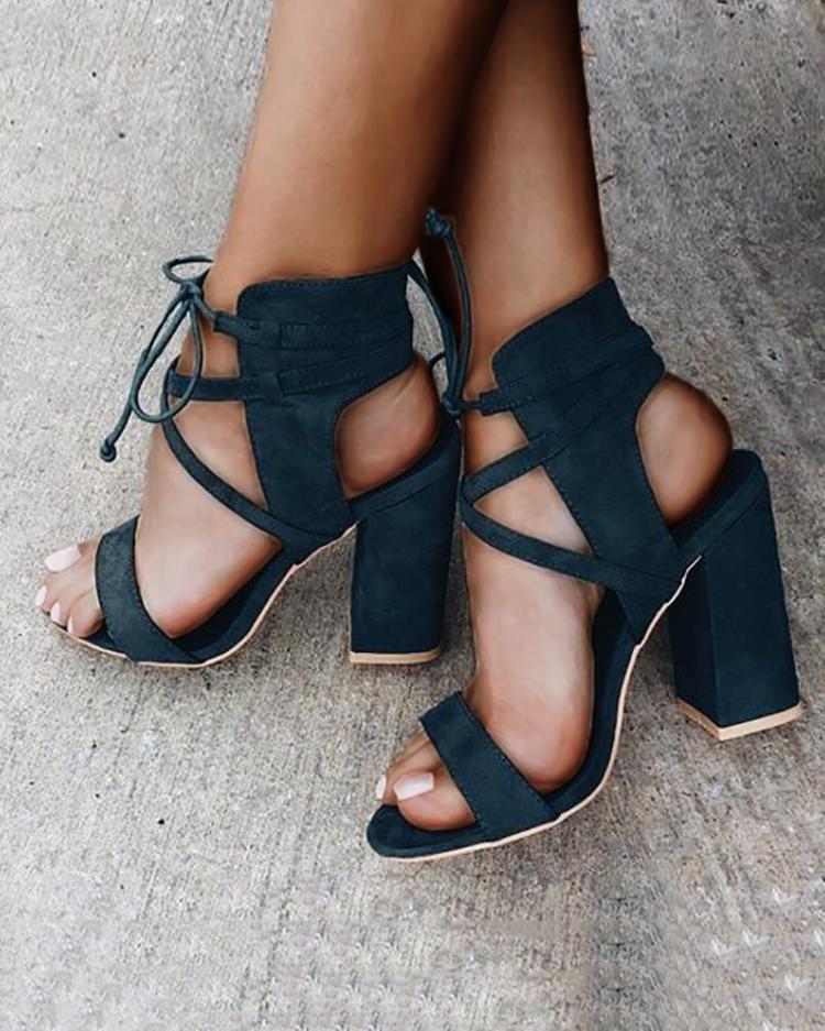 

Lace Up Open Toe Block Heels Sandals, Purplish blue