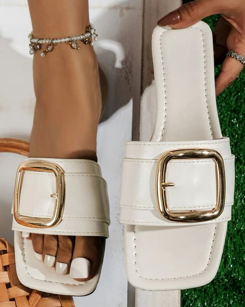 

Buckled Square Toe Slippers, Beige