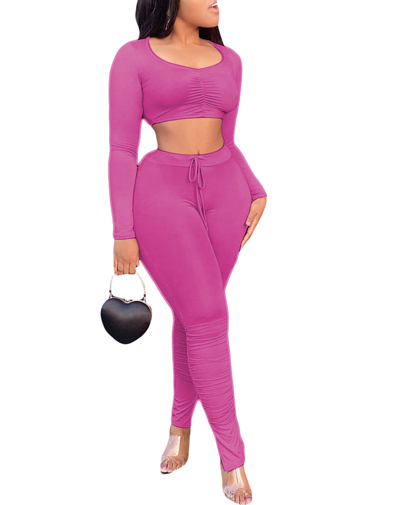 

Long Sleeve Ruched Skinny Top & Drawstring Pants Set, Purple