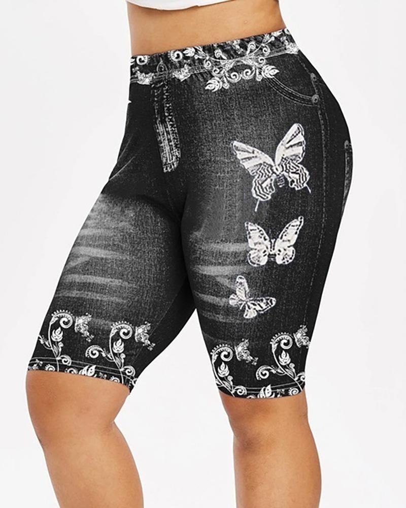 

High Waist Scrunch Butt Butterfly Denim Pattern Active Shorts, Black