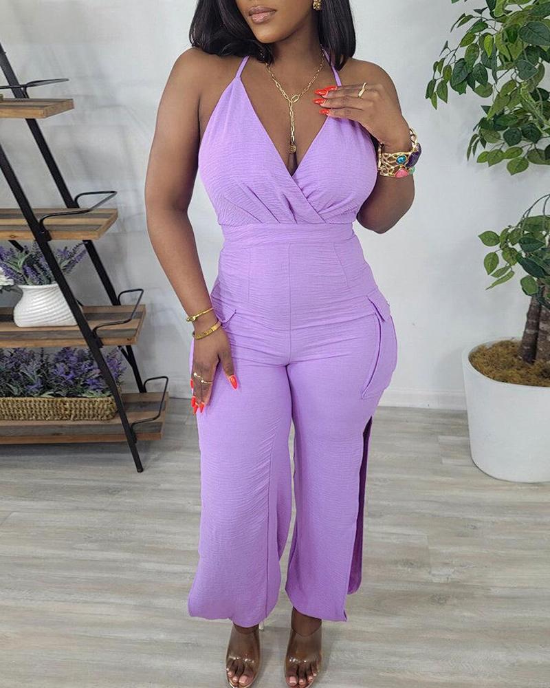 

Halter Backless Side Slit Jumpsuit, Purple