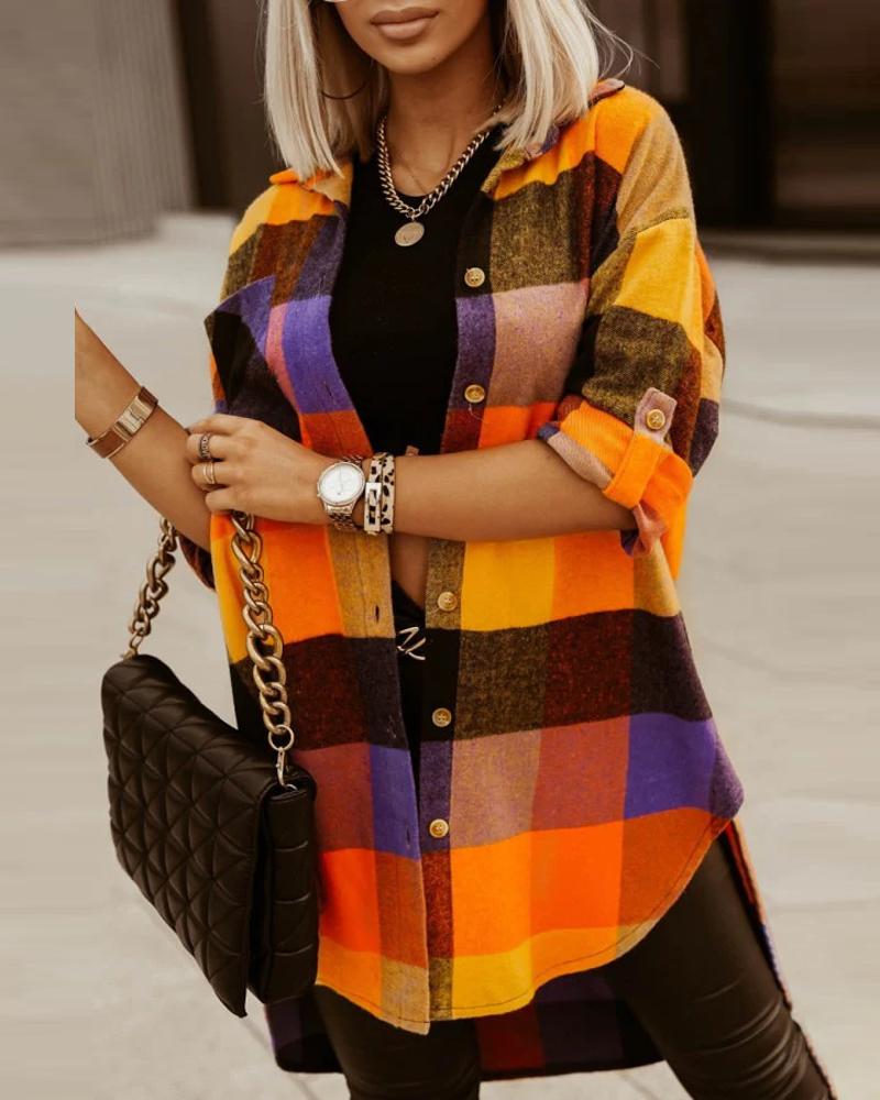 

Plaid Print Roll Tab Sleeve Buttoned Shacket, Orange