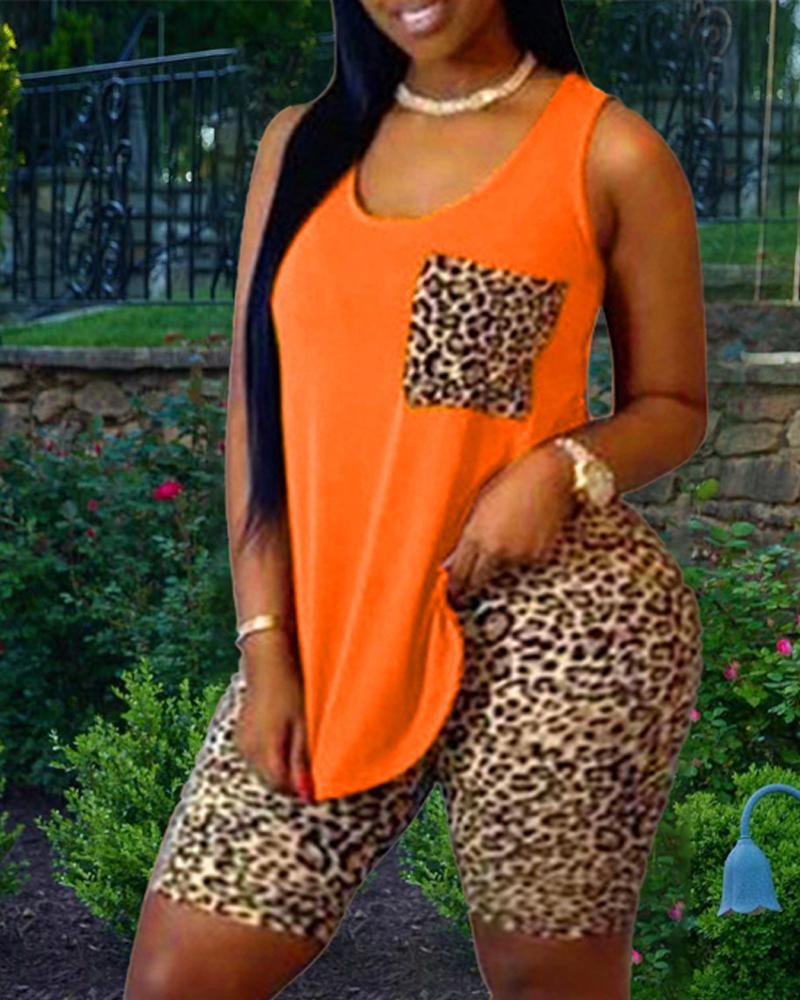 

Plus Size Leopard Print Casual Tank Top & Shorts Set, Orange