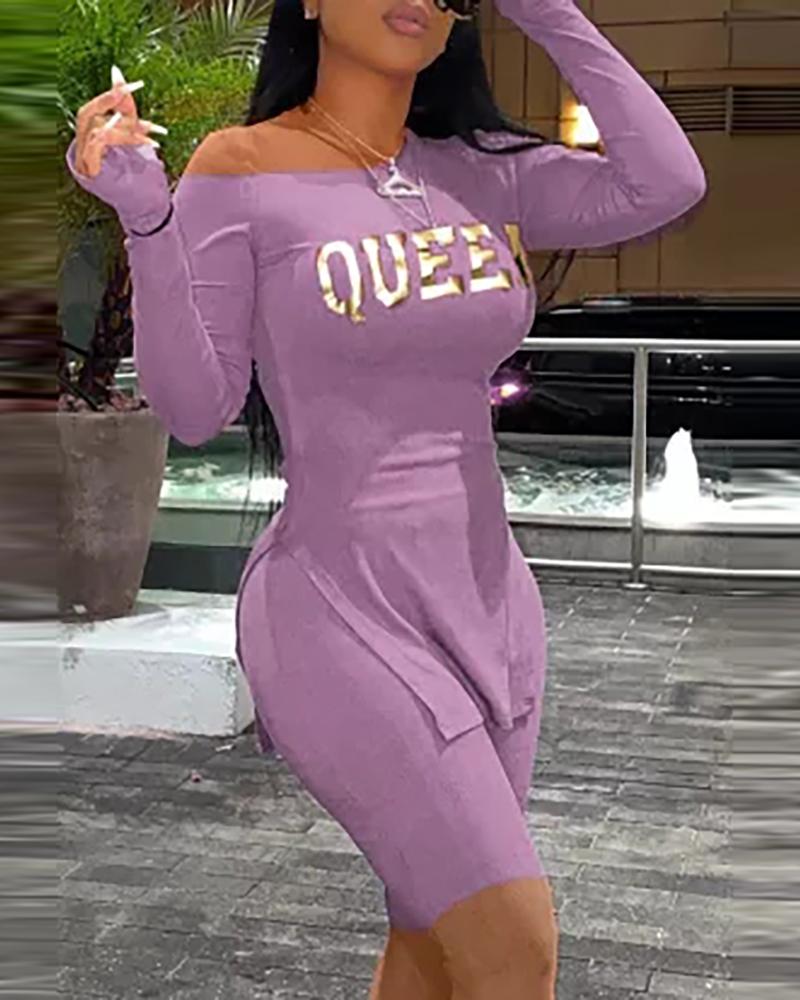 

Slit Letter Print One Shoulder Long Sleeve Top & Shorts Set, Purple