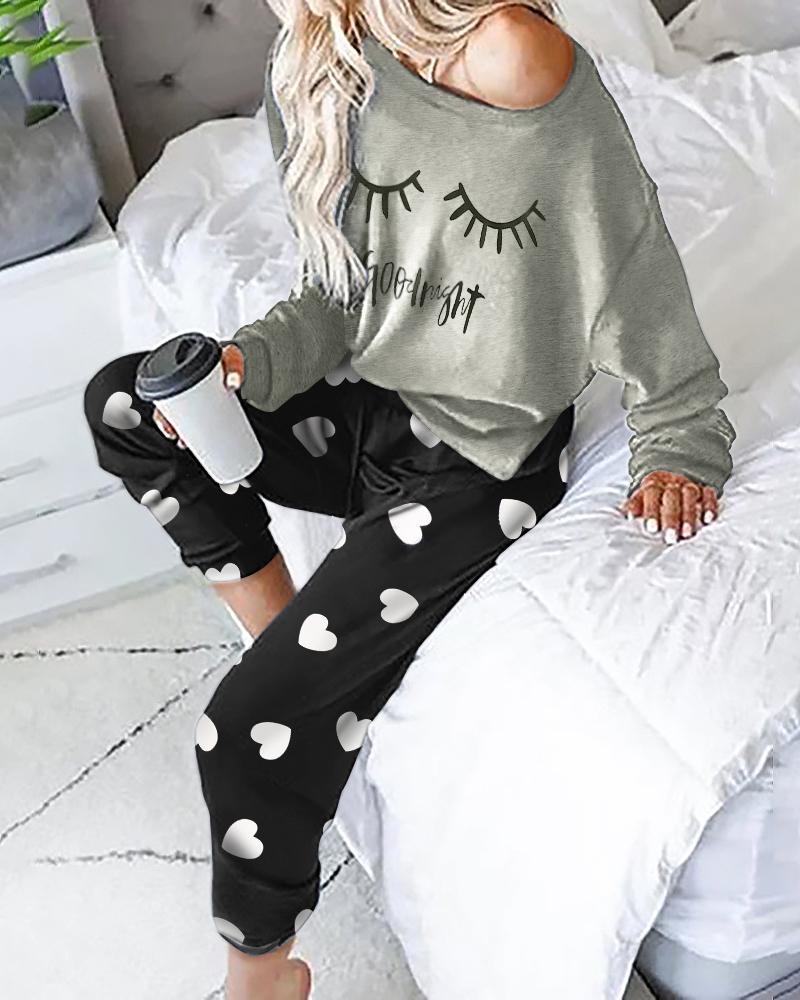 

Heart Letter Print Long Sleeve Pajamas Sets, Gray
