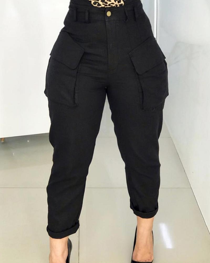 

High Waist Pocket Design Cargo Casual Pants, Black