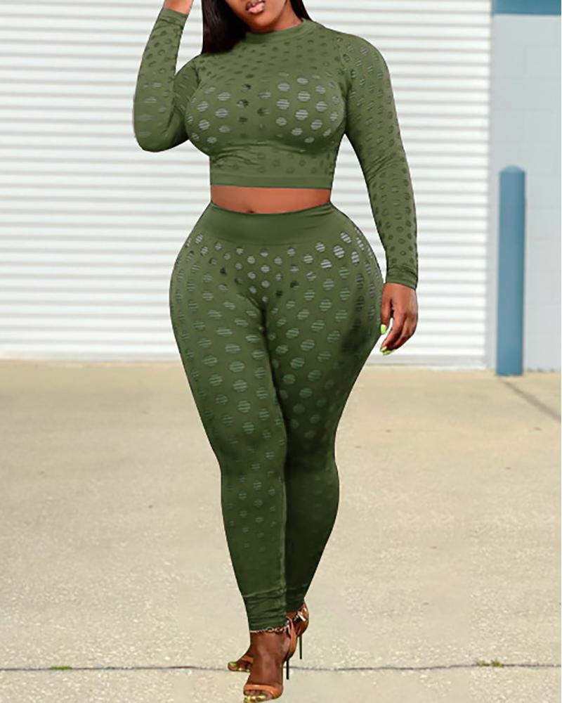 

Plus Size Hollow Out Long Sleeve Top & High Waist Pants Set, Green
