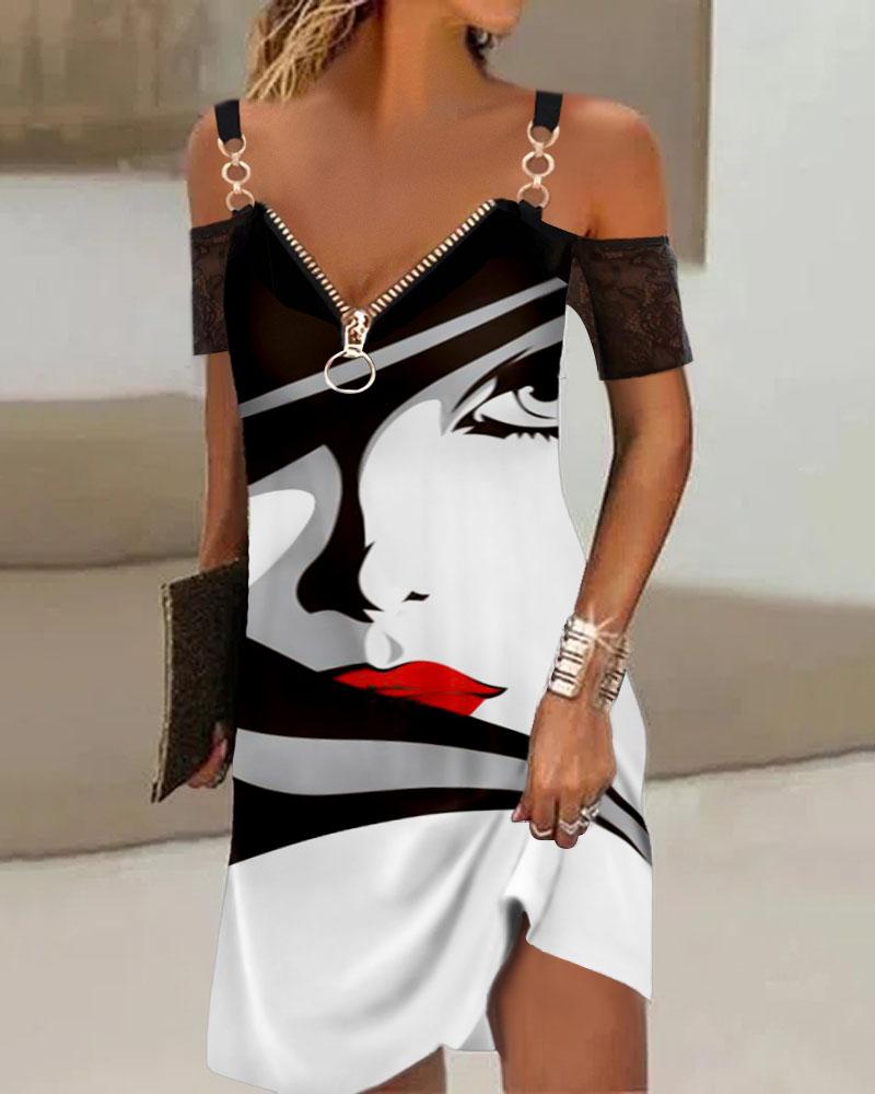 

Abstract Figure Print Cold Shoulder Casual Dress, Black