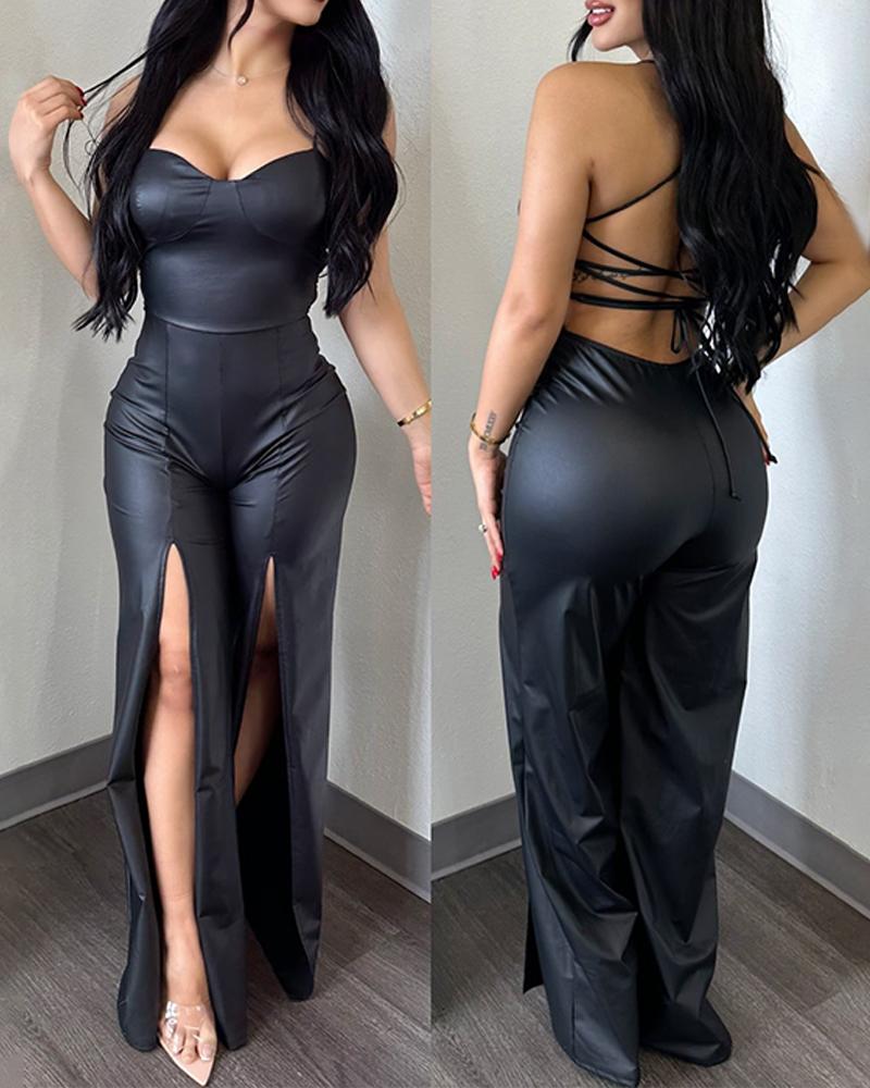 

Tied Detail Backless Slit PU Leather Jumpsuit, Black