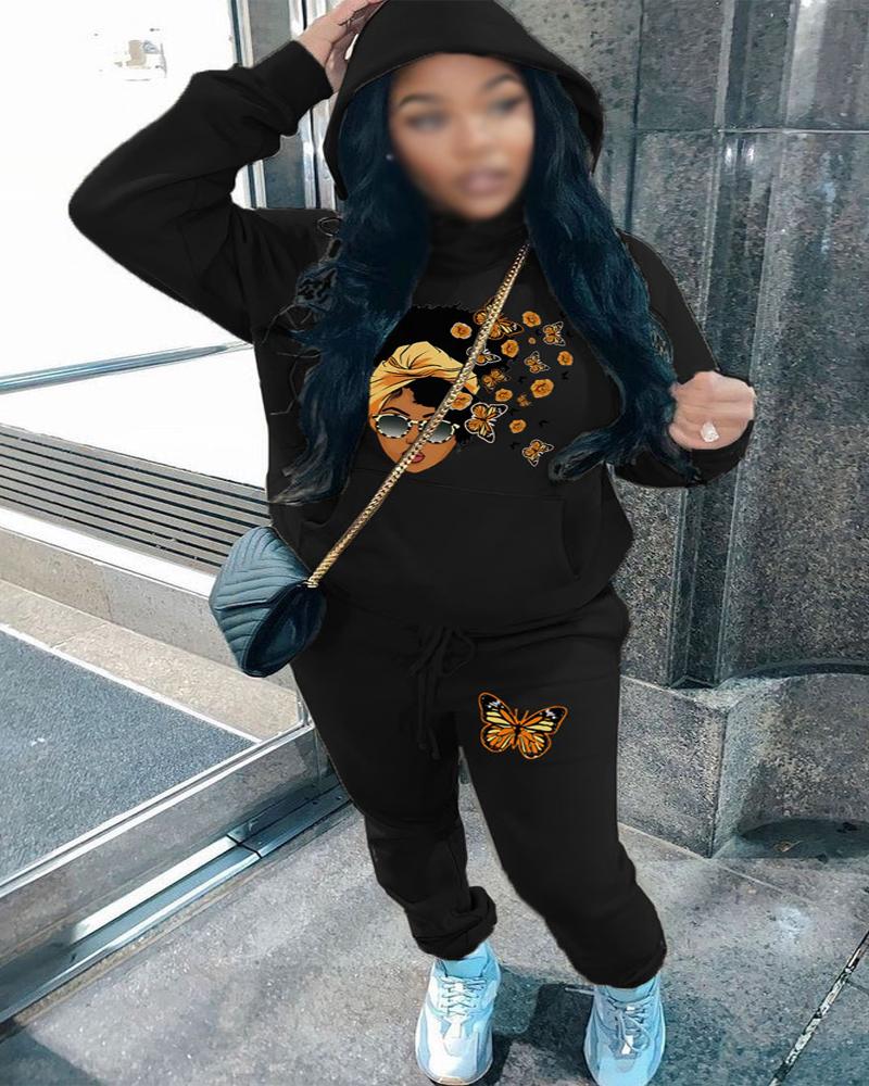 

Plus Size Figure Butterfly Print Casual Hoodie & Pants Set, Black