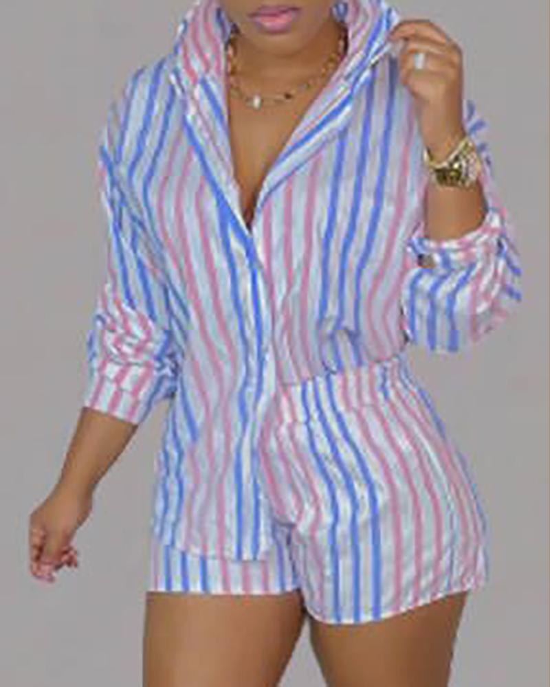 

Striped Print Buttoned Shirt & High Waist Shorts Set, Style2