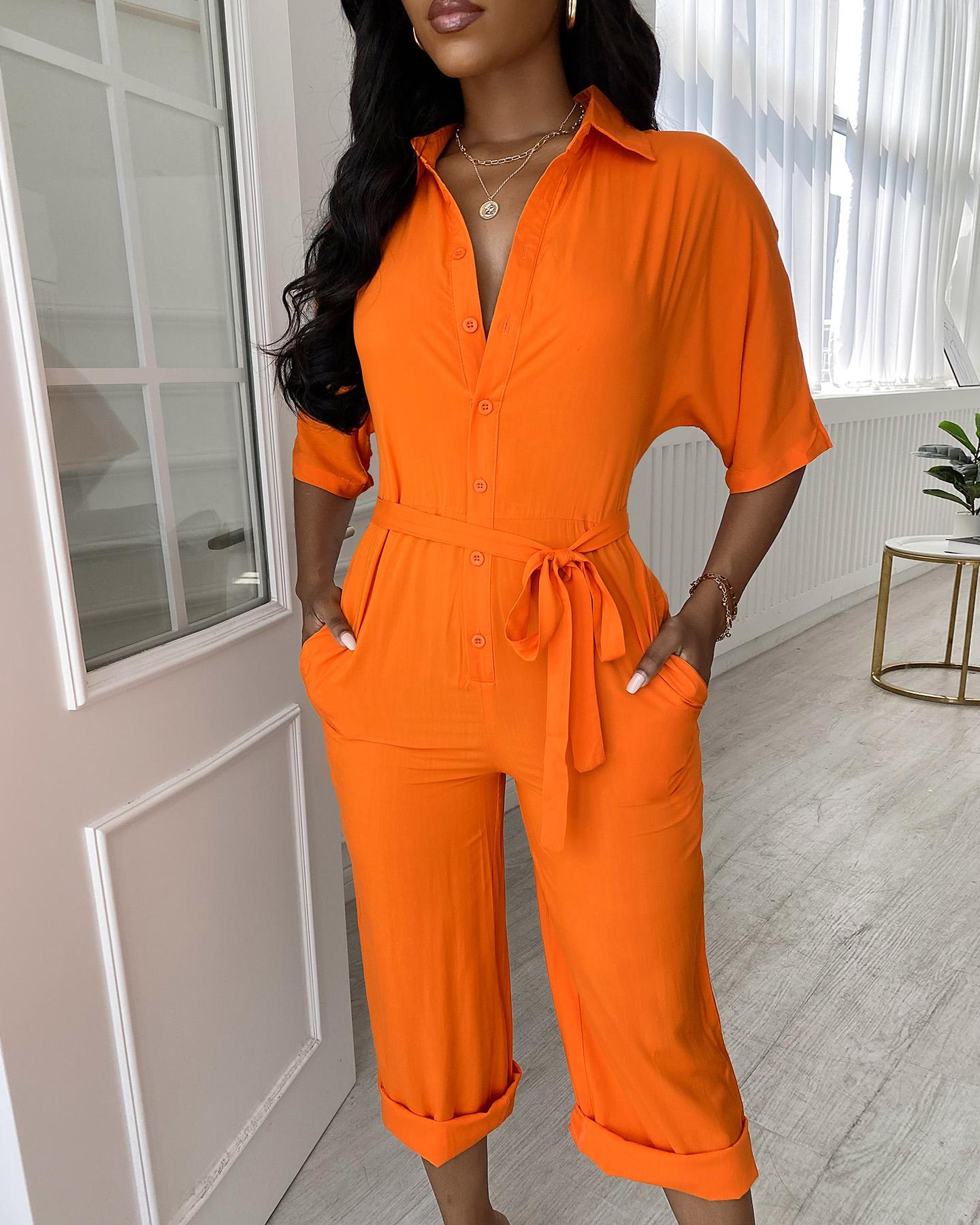 

Button Front Pocket Design Short Sleeve Jumpsuit, Orange