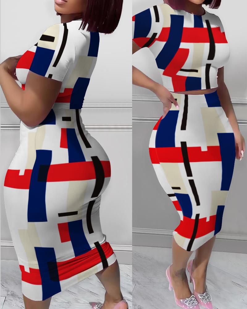 

Geometric Print Top & High Waist Skirt Set, Red