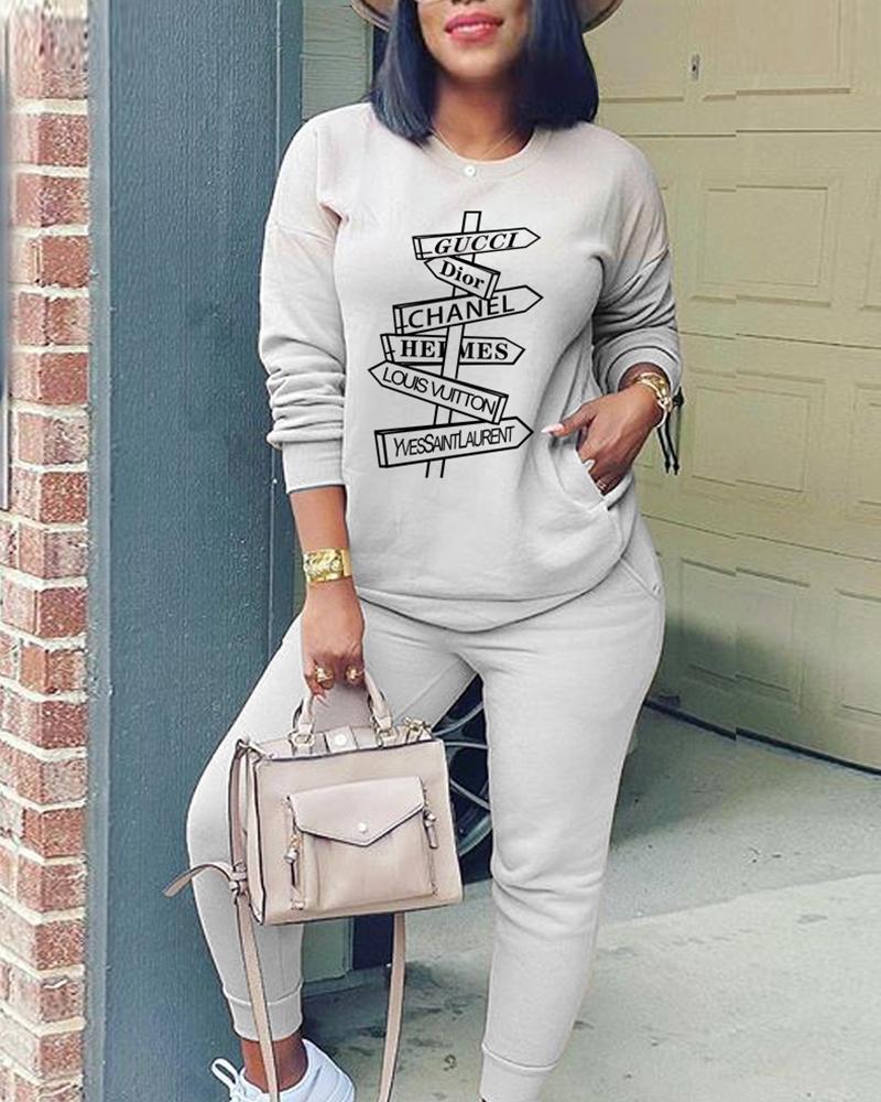 

Graphic Letter Print Pocket Design Top & Pants Set, Gray
