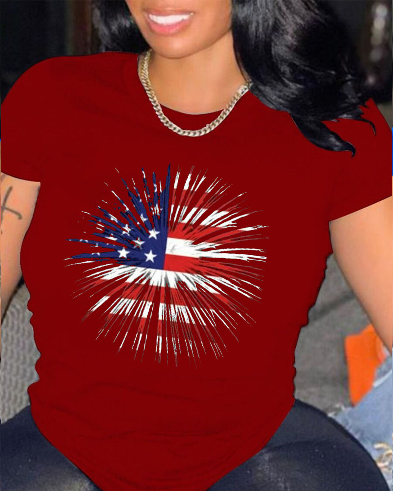 

Independence Day Flag Print Casual T-shirt, Wine red