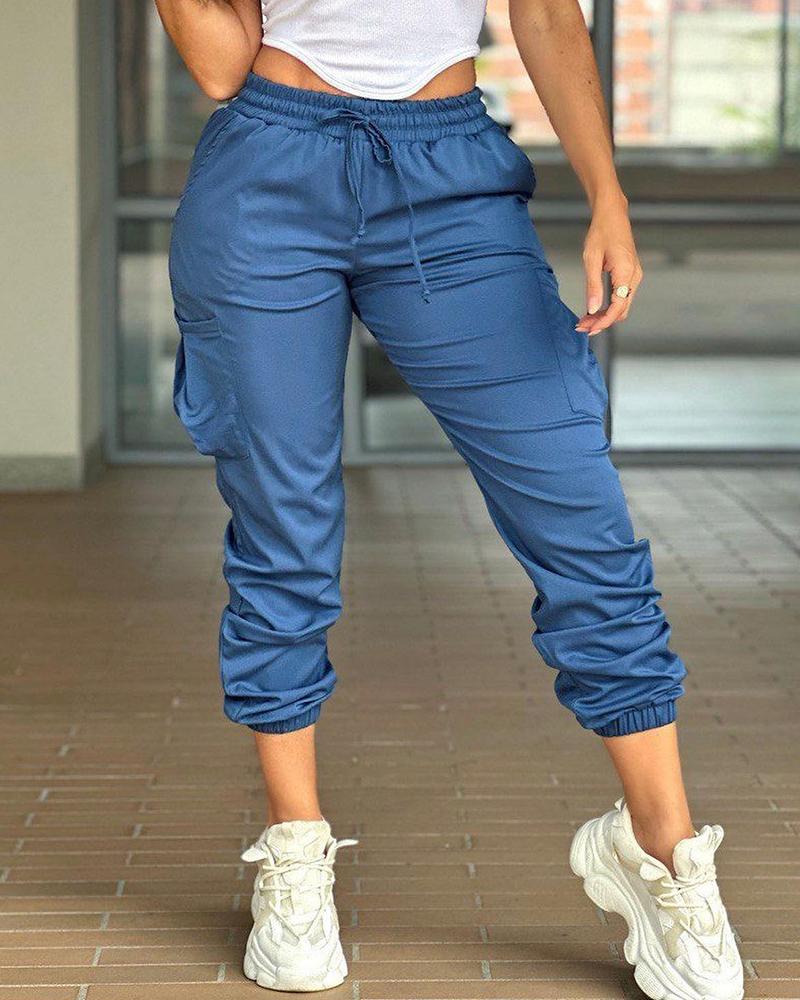 

Drawstring High Waist Cuffed Pants, Blue