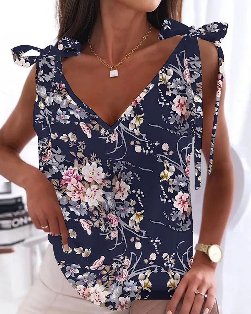 

Floral Print Tied Detail Tank Top, Blue