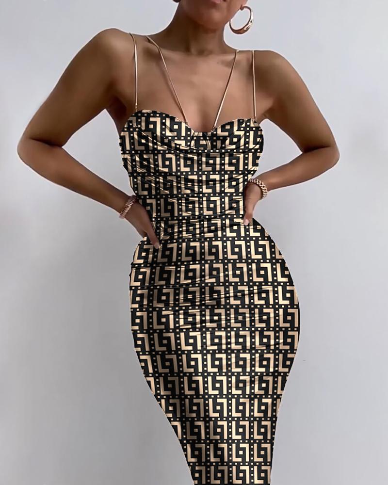 

Geometric Print Ruched Chain Decor Bodycon Dress, Khaki