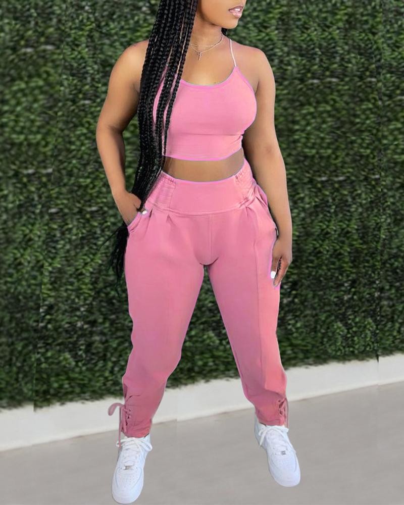 

Solid Crop Cami Top & Lace-up Hem Pants Set, Pink