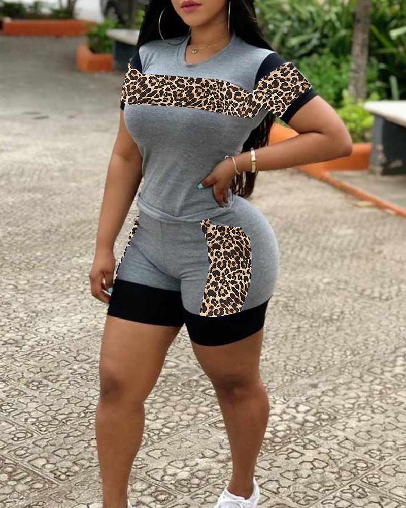 

Cheetah Print Colorblock & Pocket Design Shorts Set, Gray