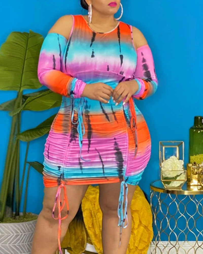 

Plus Size Tie Dye Print Drawstring Ruched Bodycon Dress, Multicolor