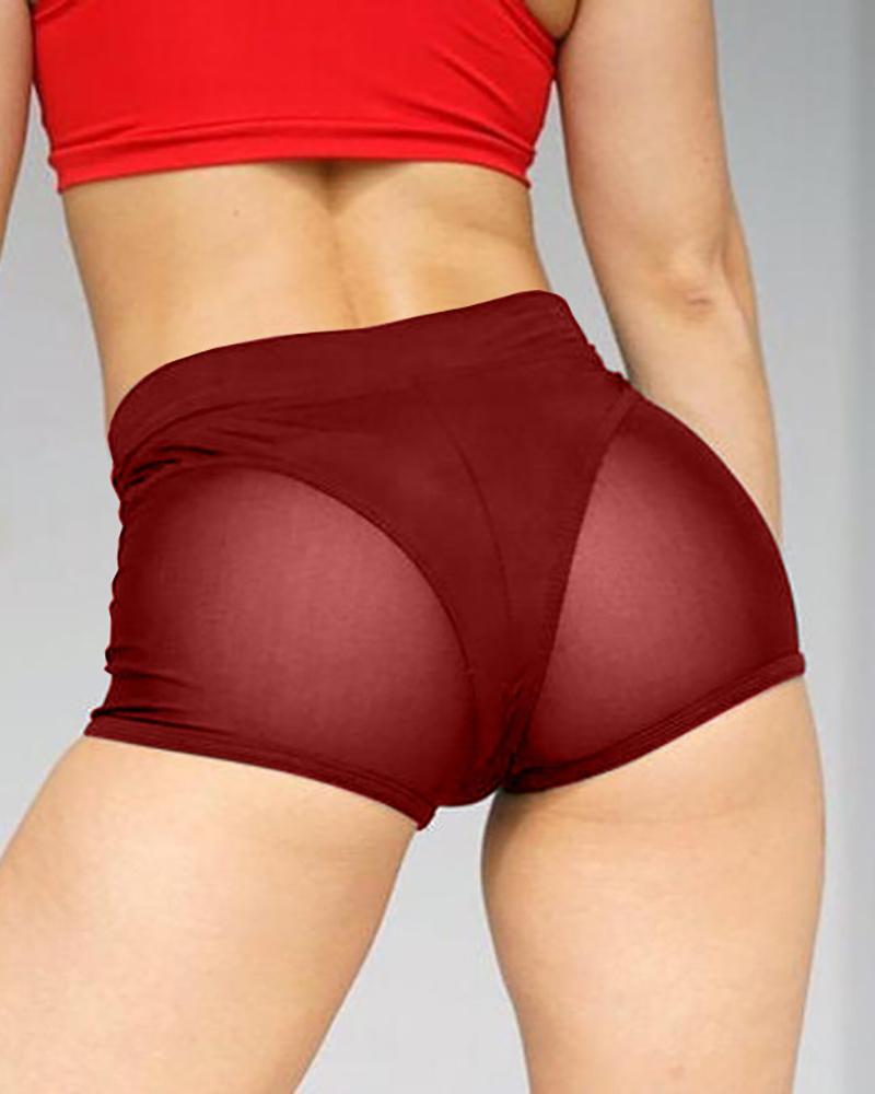 

Sheer Mesh High Waisted Butt Lifting Tummy Control Yoga Shorts, Wine red