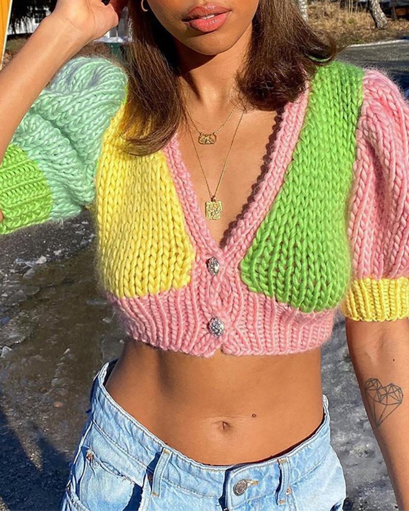 

Colorblock Buttoned Knit Puff Sleeve Crop Cardigan, Multicolor