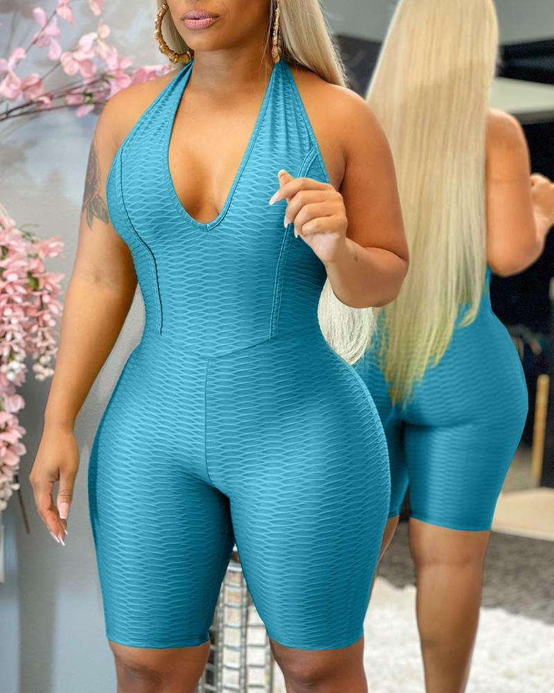 

Textured Halter Backless Active Romper, Blue