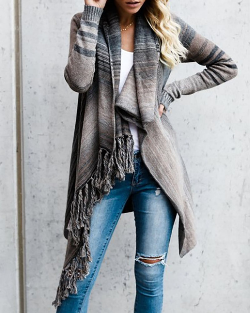 

Tassel Decor Striped Print Long Sleeve Cardigan, Gray