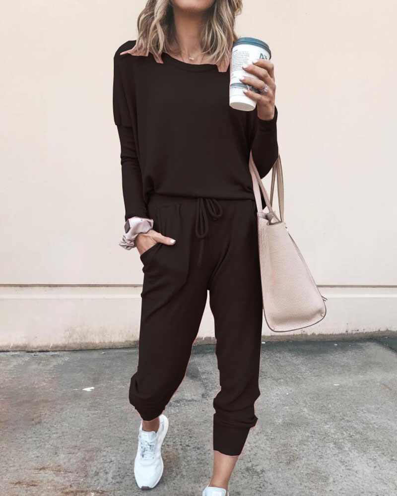 

Solid Long Sleeve Top & Drawstring Casual Pants Set, Black