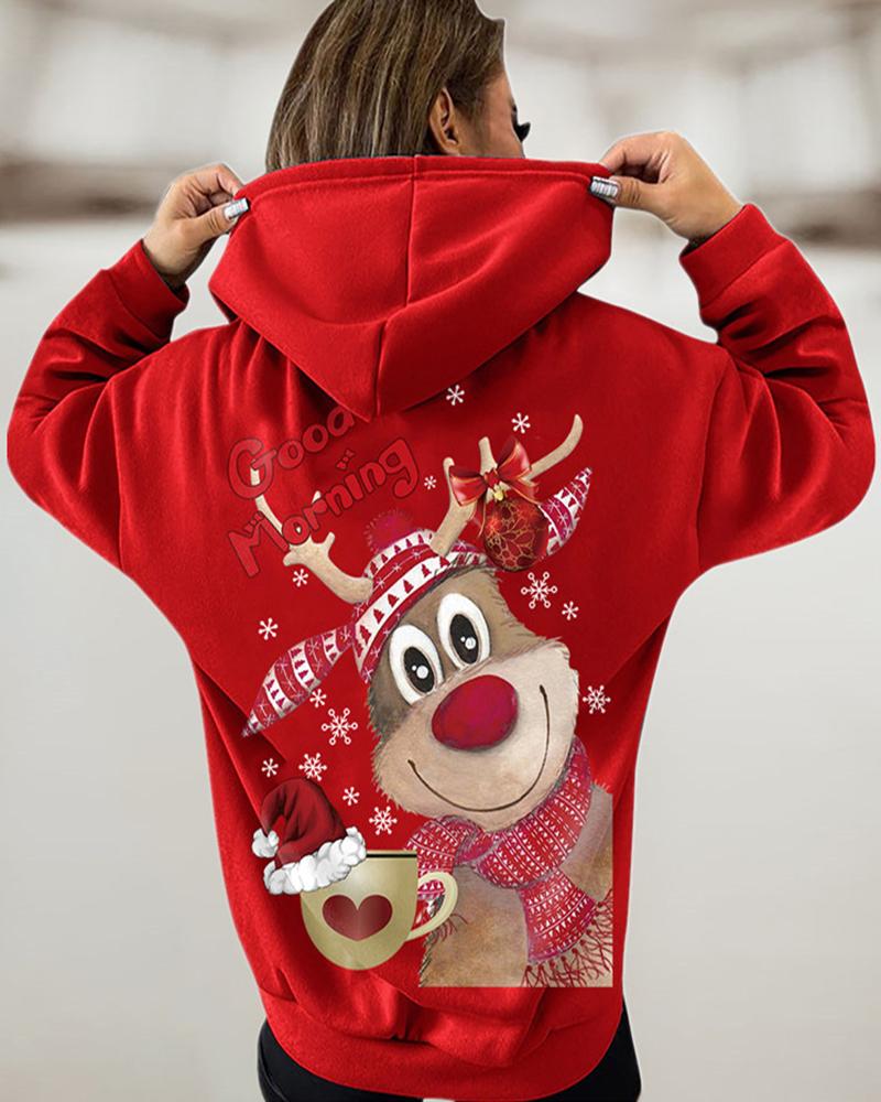 

Christmas Elk Letter Graphic Print Hooded Sweatshirt, Red