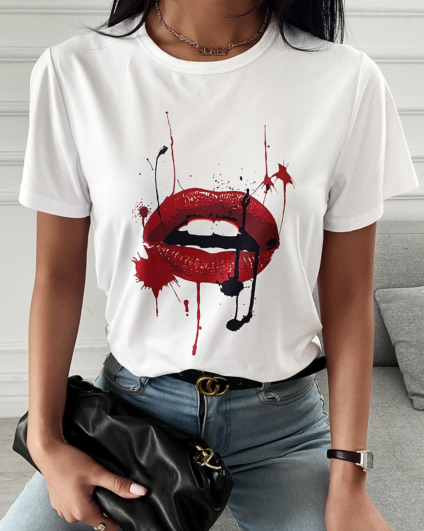 

Lip Print Colorblock Short Sleeve Casual T-shirt, White