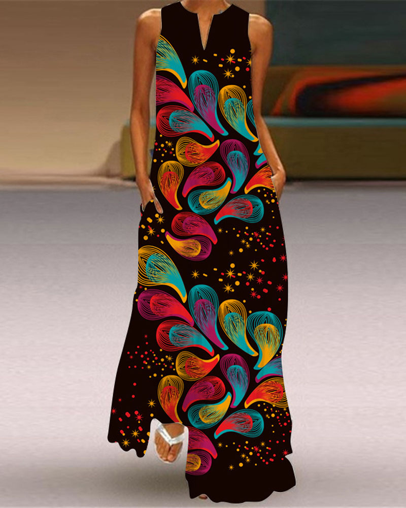 

Paisley Print Sleeveless V-Cut Maxi Dress, Black