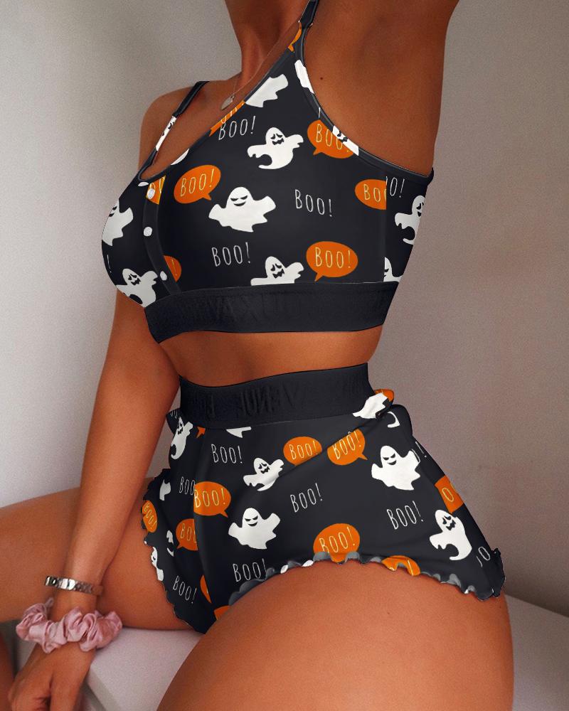 

Halloween Graphic Print Lettuce Trim Cami Set, Black