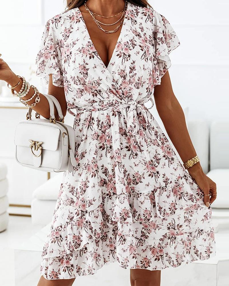 

Flutter Sleeve Ruffle Hem Floral Print Dress, White