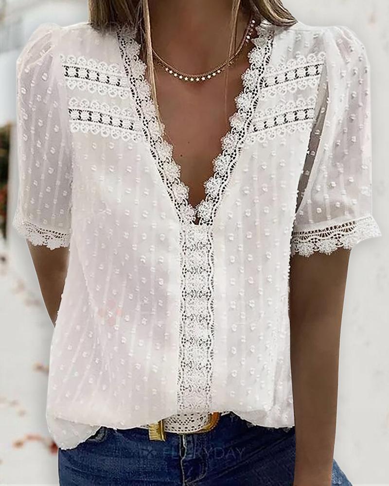 

Guipure Lace V Neck Short Sleeve Top, White