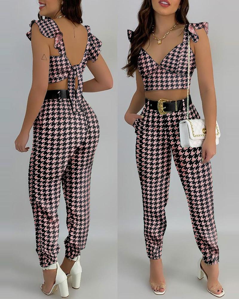 

Houndstooth Print Ruffle Trim Crop Tank Top & Pants Set, Pink