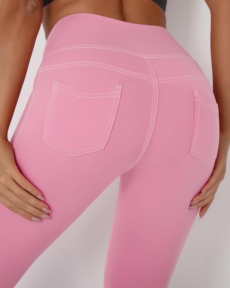 

Pocket Design High Waist Denim Print Active Pants, Pink